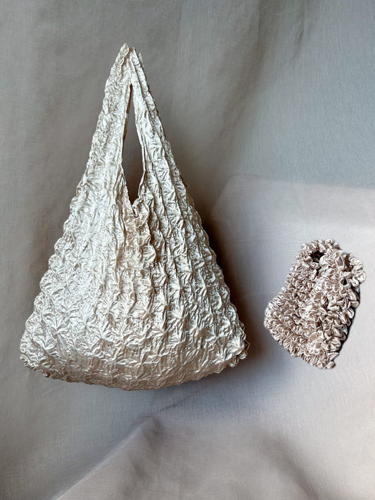 Beige satin durian shape Foldable reusable Grocery bag- Flex totes