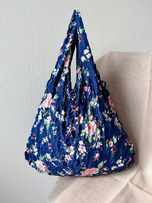 Dark blue pink Floral printed Foldable Reusable grocery shopping bag-flex totes
