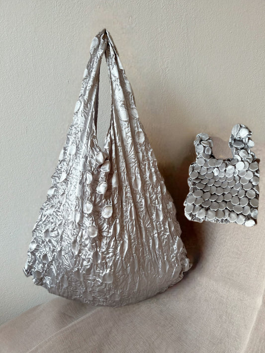 Satin silver bubble shaped foldable reusable tote bag- Flex totes
