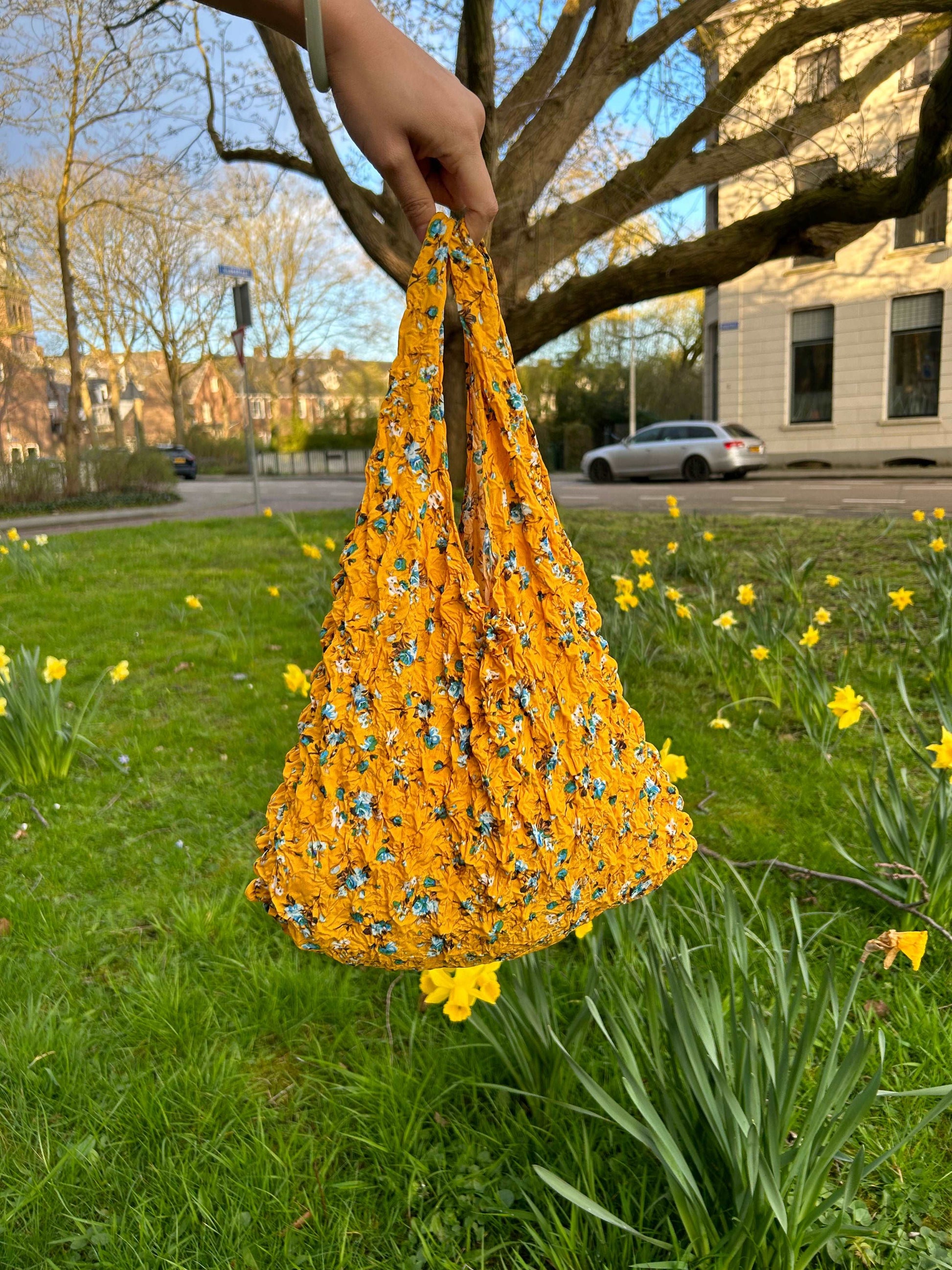 Yellow And Blue Floral printed Foldable Reusable grocery shopping bag-flex totes