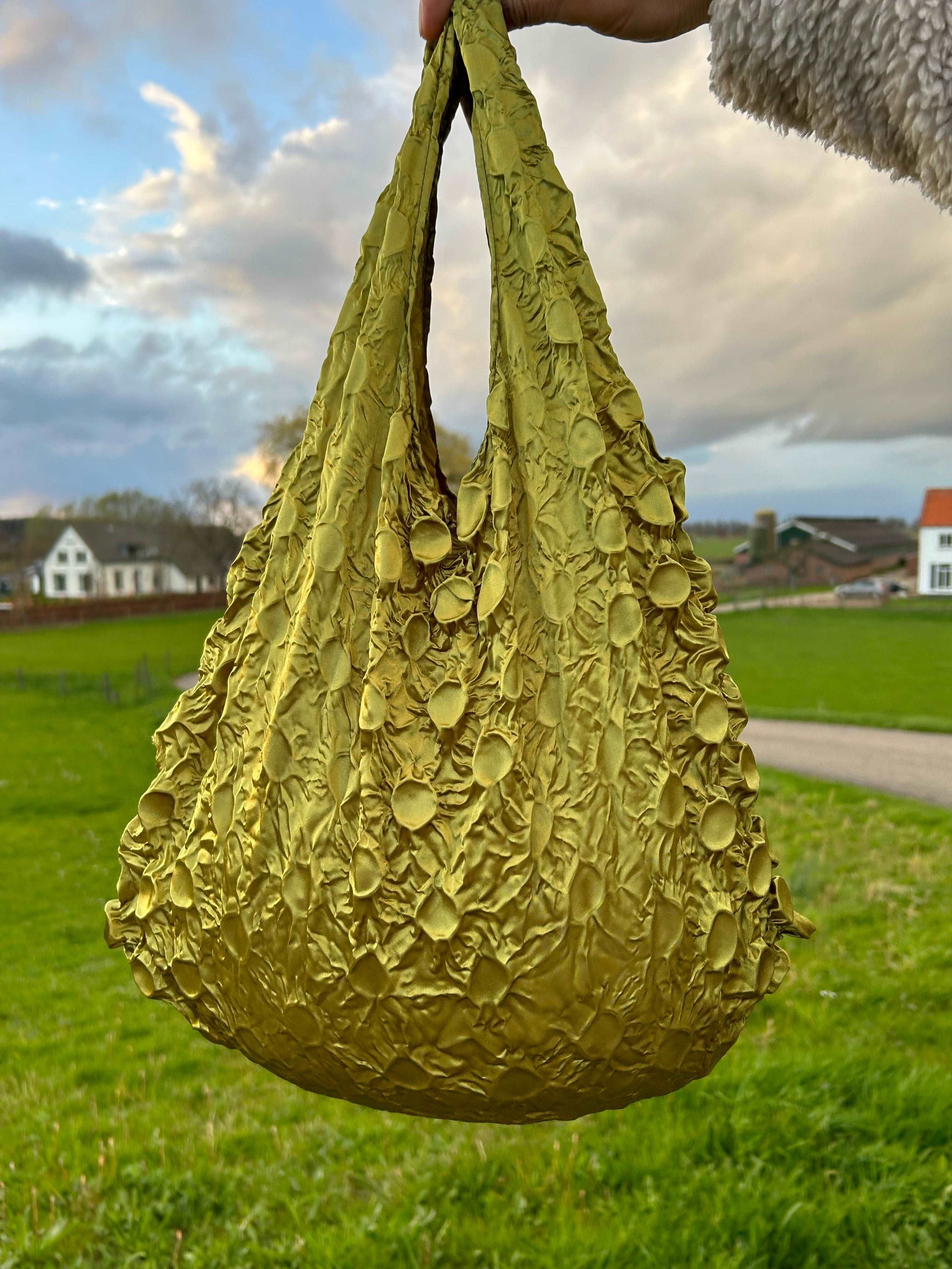 Satin olive green bubble shaped Foldable reusable casual tote bag- Flex totes