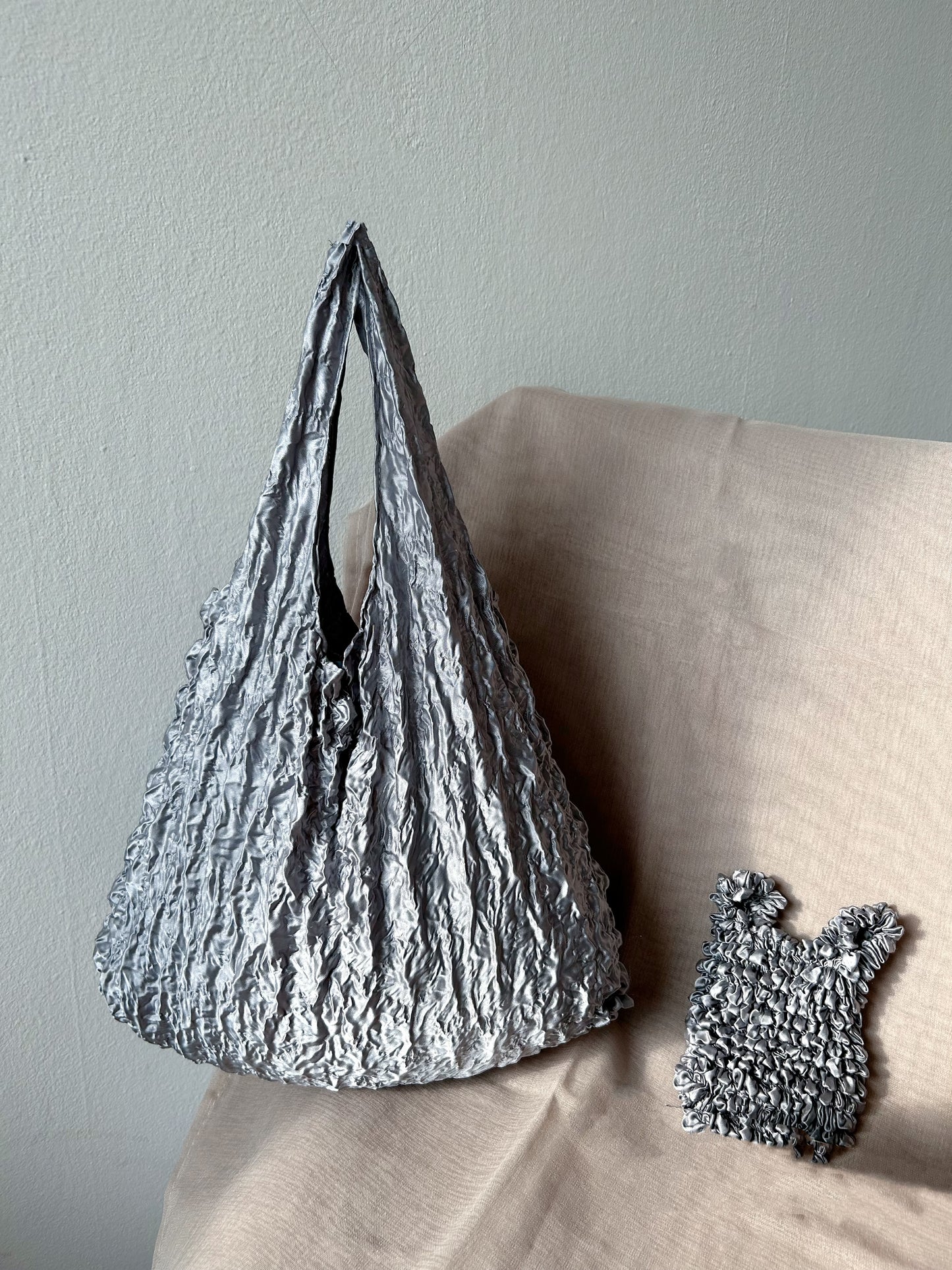 Silver grey satin durian shape Foldable reusable Grocery shopping bag- Flex totes