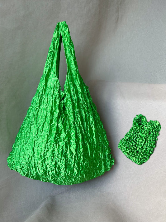 Green satin durian shape reusable foldable grocery bag- Flex Totes