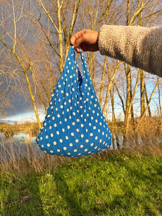 Blue white polka dots Floral printe Foldable Reusable grocery shopping bag-flex totes 