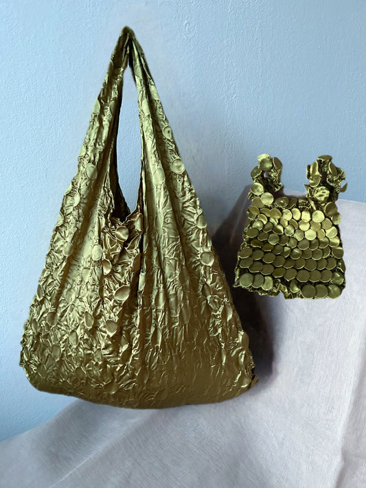 Satin silver bubble shaped foldable reusable tote bag- Flex totes