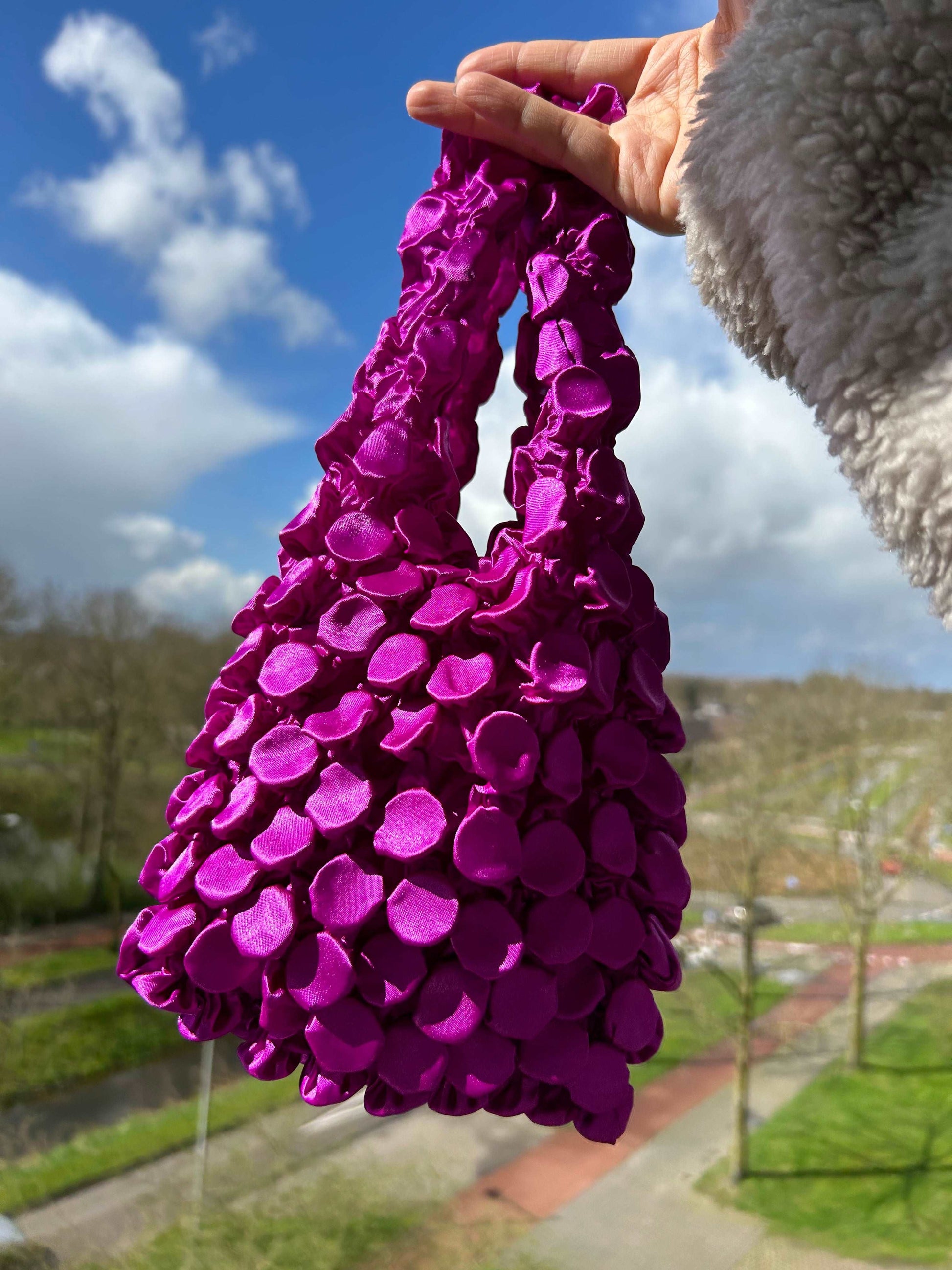 Satin purple bubble shaped Foldable reusable casual tote bag- Flex totes