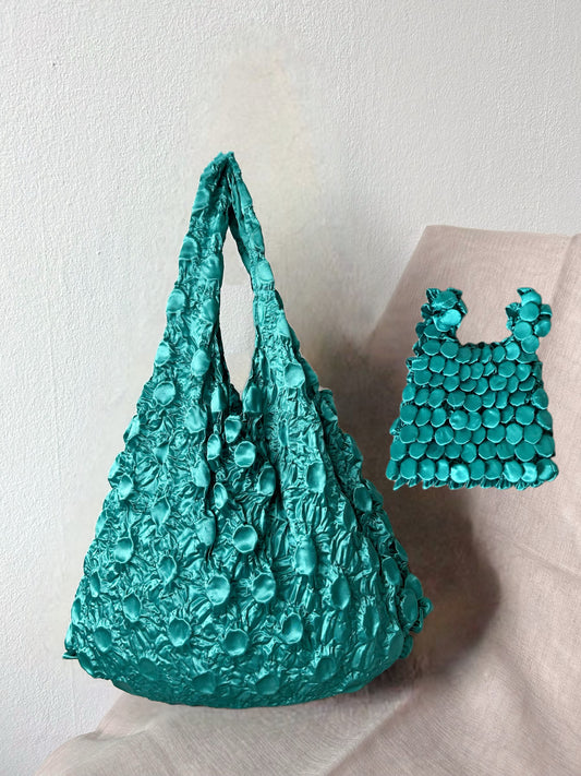 Satin Green bubble shaped Foldable reusable tote bag- Flex totes
